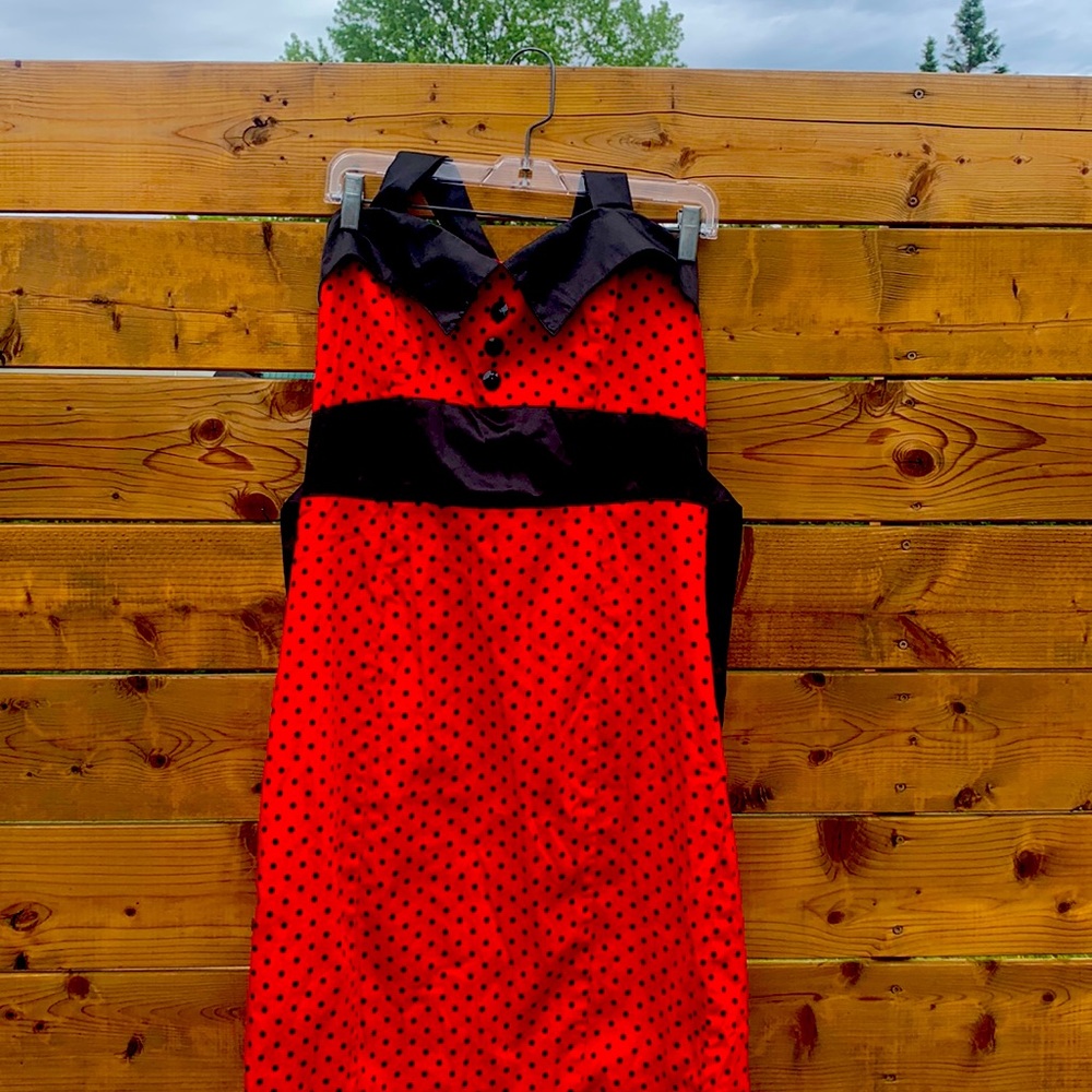 Retro Styled Red and black polka dot halter style dress